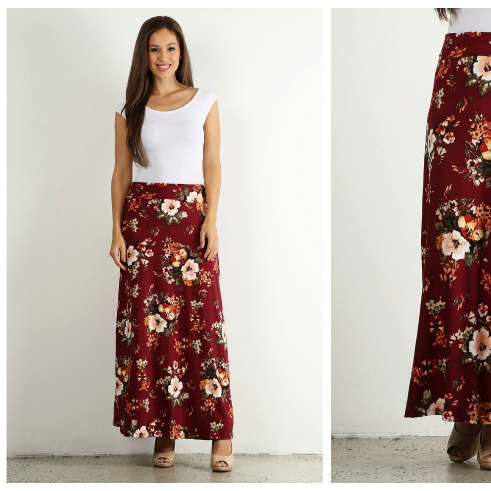 Burgundy Flower Maxi Skirt